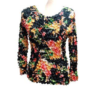 Womens One Size Black Floral Shirt Popcorn Top Stretchy Bubble Crinkle Vintage